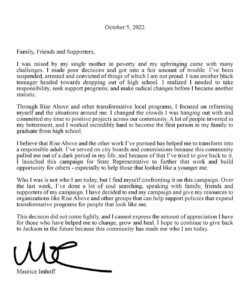 MAURICE IMHOFF ENDS HIS CAMPAIGN FOR STATE REP.